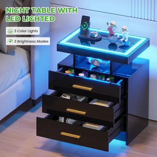 Miniatura 3 de HNEBC Mesita de noche LED con estación de carga, mesita de noche inteligente con luces de sensor de movimiento, 3 cajones, parte superior de vidrio