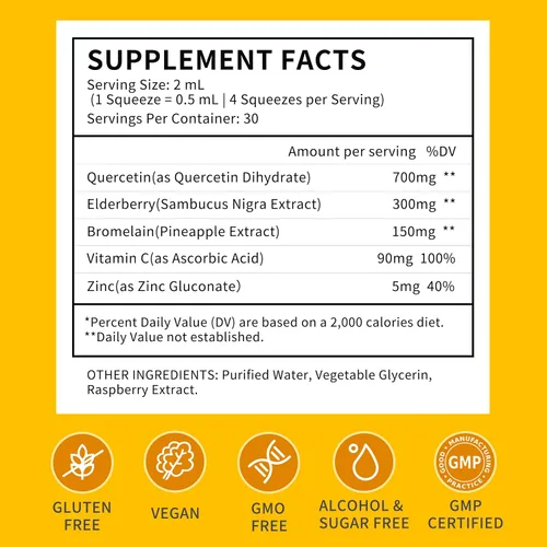 Miniatura 2 de Quercetina liposomal con gotas líquidas de bromelina para Kis & Aldult- mayor absorción, suplementos de quercetina 700 mg con bromelina saúco zinc
