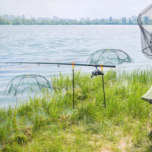 Miniatura 7 de Shappy 2 trampas de cangrejos de 8 agujeros, trampa de cebo de pesca de 37.4 pulgadas, red de pesca plegable con jaula de red de cebo de cuerda