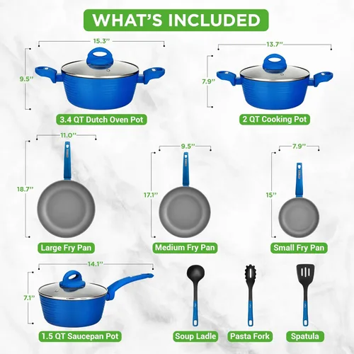 Miniatura 3 de NutriChef Juego de utensilios de cocina antiadherentes de 12 piezas, sin PFOA/PFOS, resistente al calor, juego de ollas y sartenes de cocina, Azul