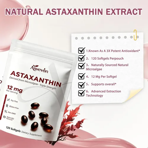 Miniatura 6 de Suplemento de astaxantina de 12 mg de cápsulas blandas, astaxantina natural de microalgas con aceite MCT para absorción, potente apoyo antioxidante