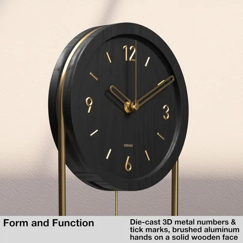 Miniatura 3 de Driini Reloj de pared decorativo con péndulo (negro) – Madera moderna, números dorados 3D, marco de metal – Relojes de pared pequeños y únicos