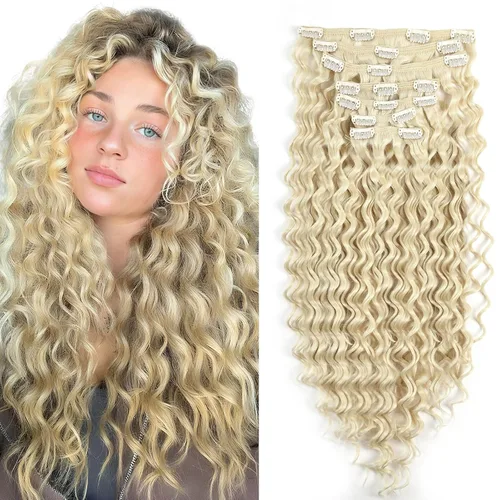 Miniatura 13 de Extensión de cabello humano con clip de onda profunda de 24 pulgadas, postizo de doble trama, sintético para mujeres, extensiones de cabello grueso