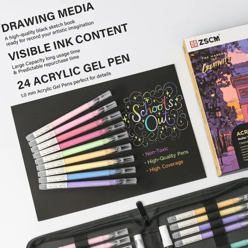 Miniatura 2 de ZSCM - 24 colores de bolígrafos de gel acrílico 3D y cuaderno de bocetos de papel negro para dibujo, bolígrafo de tinta acrílica de punta fina de 24
