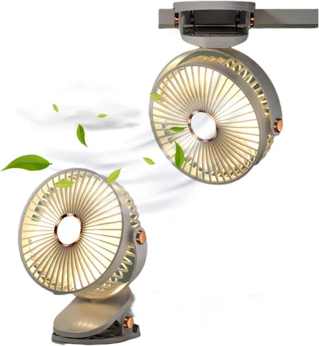 Miniatura 8 de Ventilador de escritorio con clip con luces, recargable por USB, 2400 mAh, 5 niveles de velocidad de flujo de aire, ventilador personal portátil