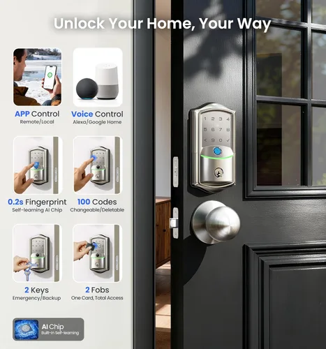 Miniatura 2 de Veise VE027-K - Cerradura inteligente WiFi integrada con 2 perillas, juego de manijas de bloqueo de puerta de entrada sin llave para puerta Níquel