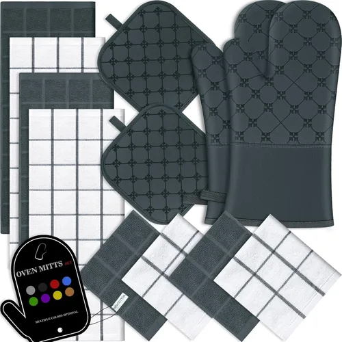 Miniatura 15 de Juego de 12 manoplas de cocina con soportes para ollas, juego de 12 paños de cocina, guantes de horno, almohadillas resistentes al calor a 500 Beige