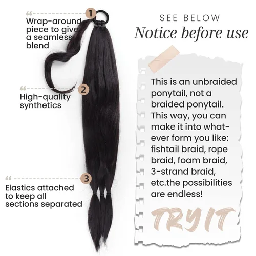 Miniatura 2 de HAIRCUBE Extensión de cabello sintético suave y natural para mujer, cola de caballo larga trenzada con banda elástica y banda elástica para el Negro
