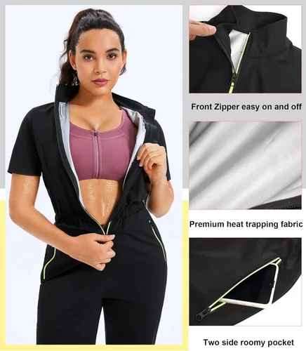 Miniatura 3 de Junlan Traje de Sauna para Mujer, Mono de Sudar con Cuello Redondo, Camisa de Atrapamiento de Calor para Mujer, para Entrenamiento y Deportes