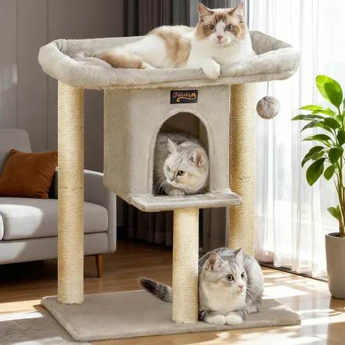 Miniatura 13 de Poste rascador de torre para gatos grandes de interior, árbol pequeño para gatos con cama grande, casa de árboles de 28 pulgadas de alto con cueva