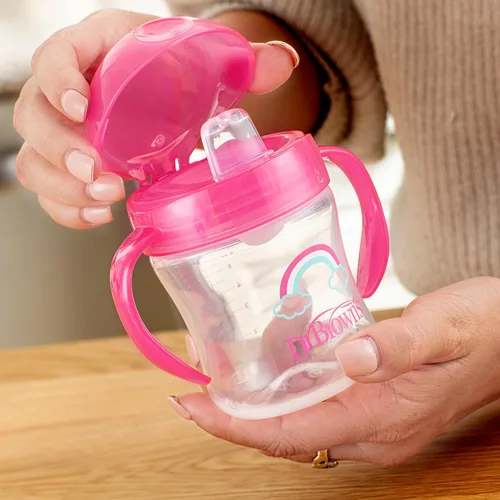 Miniatura 8 de Dr. Brown's Milestones - Vaso entrenador con pico suave y asas, arcoíris rosa, sin BPA, 6 oz/180 mL, a partir de 6 meses Arco iris rosado