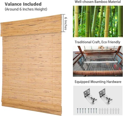 Miniatura 4 de Persianas romanas de bambú, sin cordón, de nogal personalizado, opacas, oscurecimiento de la habitación, persianas de madera tejida, persianas