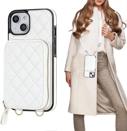 Miniatura 15 de Bocasal Funda tipo cartera con bandolera para iPhone 13, de cuero PU con bloqueo RFID, con cierre de cremallera, cartera tipo bolso con función Gris