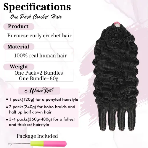 Miniatura 4 de Cabello humano rizado birmano de 4.23 oz, sin nudos, con plumas previamente separadas, paquetes de cabello humano de ganchillo de 14 pulgadas, nudos
