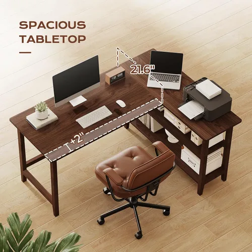 Miniatura 7 de IOTXY Reversible L-Shaped Office Desk - 53" Modern Corner Computer Table with Storage Shelves, Solid Wood Legs, Home Writing & Study Workstation
