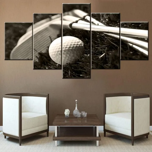 Miniatura 34 de Piezas de golf para decoración de pared, pinturas en blanco y negro, arte de pared para sala de estar, golf, deportes, obras de arte de 5 piezas
