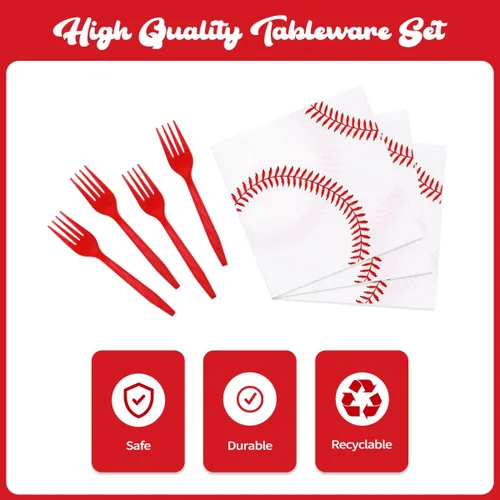 Miniatura 4 de WILDPARTY Juego de 96 piezas de suministros para fiesta de béisbol para 24 invitados, incluyendo platos de papel de béisbol, platos de postre