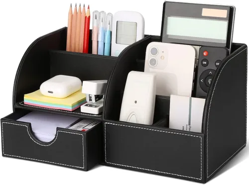 Miniatura 9 de Organizador de escritorio de polipiel con 7 compartimentos de almacenamiento para artículos de papelería, tarjetas de visita, lápices, bolígrafos