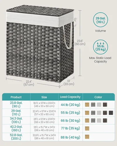 Miniatura 6 de SONGMICS Cesta de lavandería con tapa, cesta de ropa de 110 litros con 2 bolsas de forro extraíbles, 6 bolsas de malla, canasta de mimbre para Gris