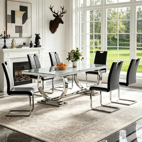 Miniatura 39 de 5 Piece Black Marble Dining Table Set for 4, Modern Faux Marble Kitchen Dining Room Tables with 4 Leather Chairs Set, 68.11" Luxury Rectangular