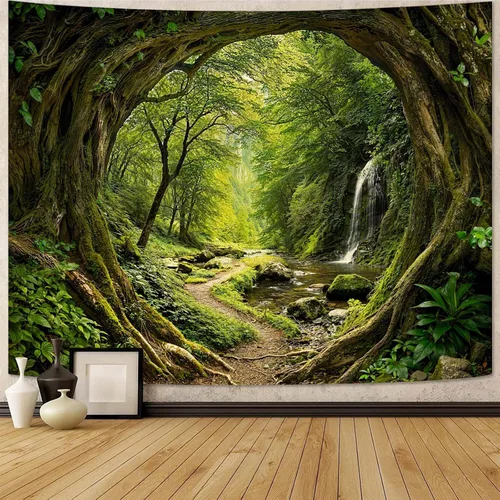 Miniatura 8 de Kanuyee Tapiz de bosque verde, tapiz de paisaje para pared, tapices de naturaleza para techo y pared, colgante para dormitorio, sala de estar