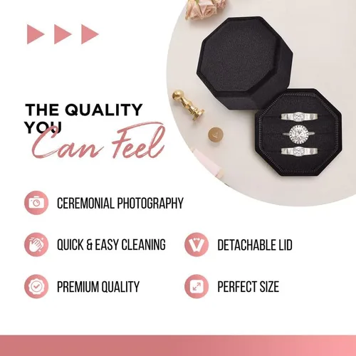 Miniatura 3 de Caja de terciopelo para anillos de alta calidad para ceremonia de boda con tapa desmontable, elegante y bonita caja para anillos de boda, 3 ranuras