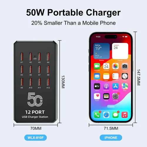 Miniatura 5 de Estación de carga USB de 50 W y 12 puertos para múltiples dispositivos, concentrador de carga USB portátil compatible con iPhone, Android, tableta