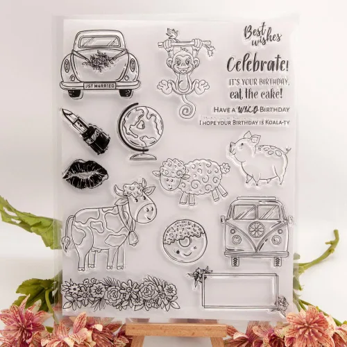 Miniatura 5 de Sellos transparentes de cumpleaños de animales salvajes para diarios de arte o hacer tarjetas, mono, cerdo, oveja, vaca, autobús, sellos de goma