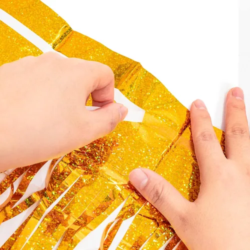 Miniatura 6 de GREATRIL Cortinas con flecos de lámina dorada, 2 paquetes y manteles plateados para fiestas, 2 paquetes para decoración de fondo de fiesta