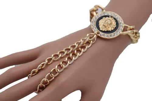 Miniatura 2 de Pulsera de cadena de mano para mujer, diseño de león, anillos de esclavo, metal dorado, Metal