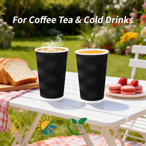 Miniatura 5 de Paquete de 100 tazas de café desechables de pared ondulada corrugada de 16 onzas con tapas y pajitas, tazas aisladas resistentes para bebidas