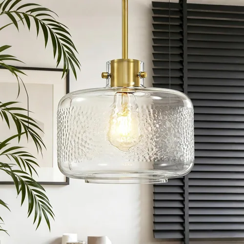 Miniatura 13 de Glass Pendant Lights Kitchen Island, 11'' Brass Gold Pendant Lighting Fixtures, Modern Hanging Ceiling Light with Striped Clear Glass Shade for