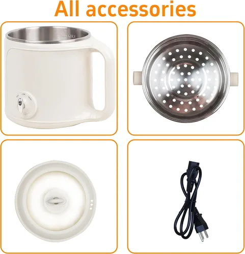 Miniatura 6 de Olla Eléctrica Caliente con Vaporera: Cocedor de Ramen de 2.0L, Olla Eléctrica Multifuncional de Acero Inoxidable, Portátil, Ajuste de Potencia Dual