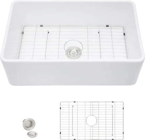 Miniatura 10 de Fregadero de granja blanco de 28 x 20 pulgadas, delantal plano, frente de casa de campo, arcilla refractaria de porcelana de cerámica blanca, cuenco
