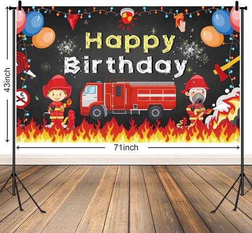 Miniatura 2 de Tatuo Cartel de fondo de fiesta de cumpleaños de camión de bomberos, 71 x 43 pulgadas, decoración de cumpleaños para niños y niñas, decoración