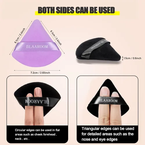 Miniatura 5 de 6 piezas de maquillaje facial de terciopelo suave triangular, para polvo suelto, polvo mineral, polvo corporal, base cosmética húmeda y seca, Negro