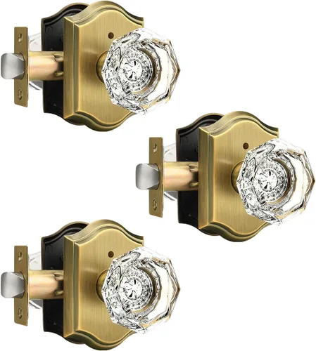 Miniatura 24 de Gobrico Paquete de 3 pomos de puerta de cristal transparente, manijas de puerta de cama/baño, función de privacidad, perilla interior de vidrio