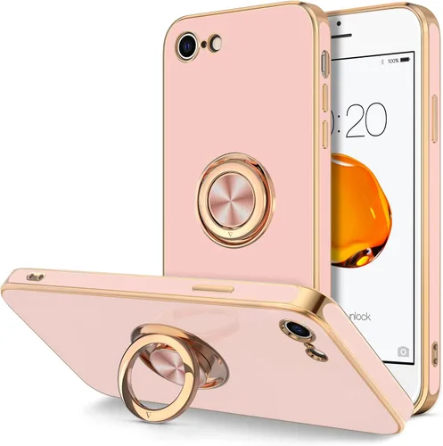Miniatura 13 de Hython Funda para iPhone SE 2022, iPhone SE 2020, iPhone 7, iPhone 8 con soporte de anillo soporte magnético, chapado en oro rosa, TPU suave, Negro