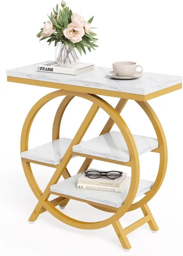 Miniatura 9 de Mesa auxiliar, mesa lateral estrecha con espacio de almacenamiento grande de 4 niveles, mesita de noche moderna para sala de estar, oficina en casa