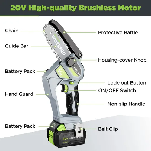 Miniatura 7 de WORKPRO Mini motosierra, motosierra compacta sin escobillas de 6.3 pulgadas con batería de 4.0 Ah, sierra de madera portátil de 20 V con una sola
