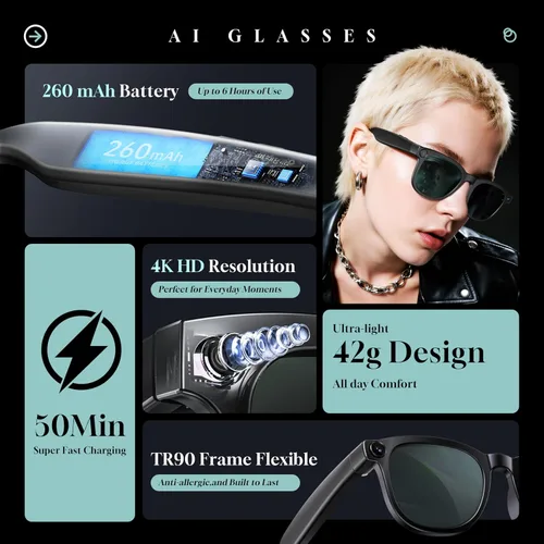 Miniatura 7 de AI Smart con lentes de cámara HD 4K para videos, grabación de vlog manos libres, audio de oreja abierta, diseño ultraligero para exteriores