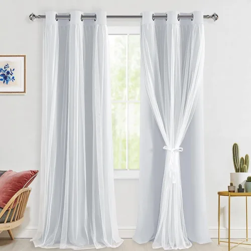 Miniatura 115 de Hiasan Cortinas opacas con superposición transparente, aislamiento térmico para mezclar y combinar de doble capa, cortinas de oscurecimiento de Beige
