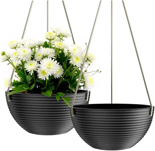 Miniatura 8 de Asnext Maceta colgante de 10 pulgadas con patrón de línea para plantas de interior y exterior, paquete de 2 macetas colgantes redondas para plantas