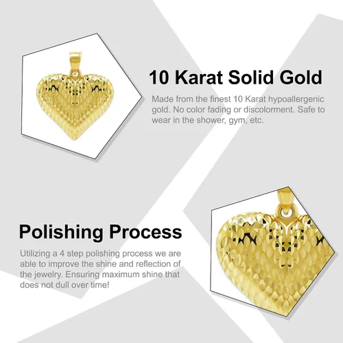 Miniatura 9 de Charm America - Dije de corazón inflado de oro - Oro de 14/10 quilates - Colgante de corte diamante pulido - Joyas 3D - Ideal para regalos