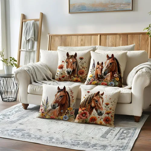 Miniatura 5 de ULOVE LOVE YOURSELF Paquete de 4 fundas de almohada de caballo con flores silvestres, fundas de almohada de caballo en acuarela rústica para Marrón