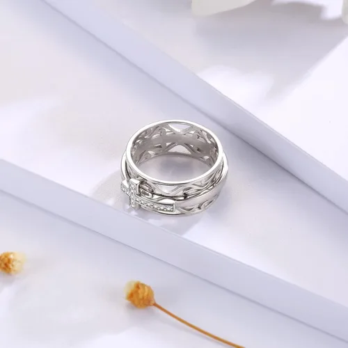 Miniatura 3 de Anillo giratorio de plata de ley 925 con cruz de Sariel, anillo de dedo para mujer, madre e hija