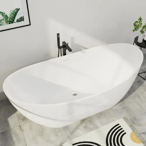 Miniatura 11 de Bañera independiente de acrílico de 59", bañera independiente de doble extremo, bañera de remojo con desbordamiento ranurado integrado, desagüe
