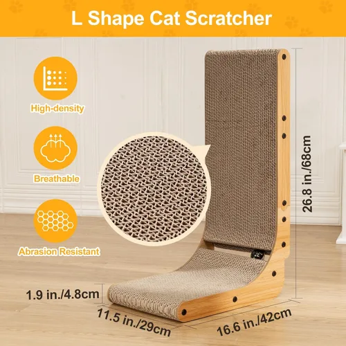 Miniatura 4 de Poils bebe Rascador de gato en forma de L, rascador de gato de 26.8 pulgadas para gatos de interior, protección de muebles, almohadilla de arañazos