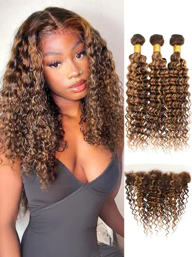 Miniatura 43 de P4/27 Cabello Humano Solitario de Onda Profunda con Reflejos Rubios Miel, 12A 100% Tejido Brasileño Virgen Ondulado Grueso con Mechas Ombre Marrón