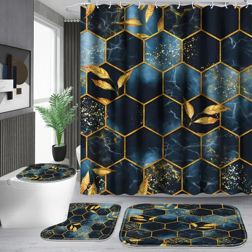 Poedist Juego de 4 cortinas de ducha de baño, juegos de baño con alfombras (tapete de baño, forma de U y tapa de inodoro) y 12 ganchos, mármol de